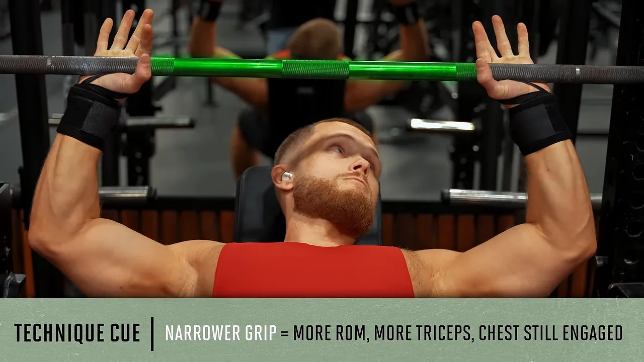 Incline bench grip demonstration with a highlighted bar section and narrower-grip technique cue