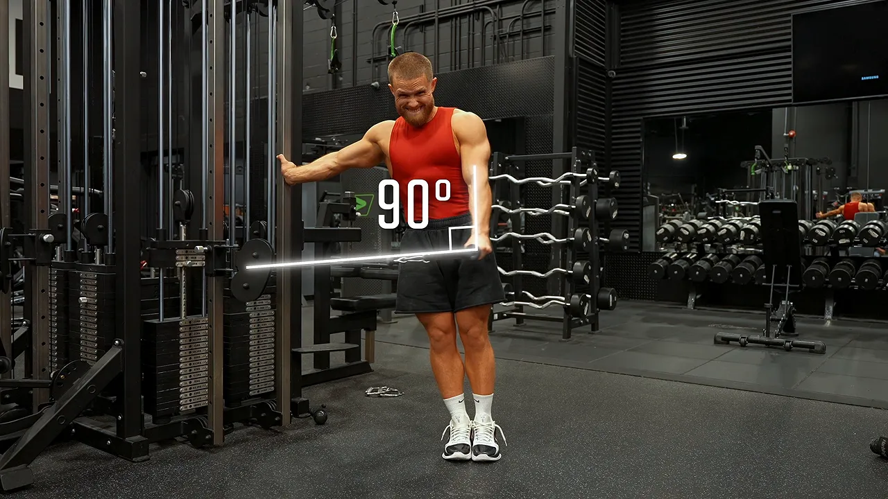 Cable lateral raise demonstration with a 90-degree angle marked between the arm and cable