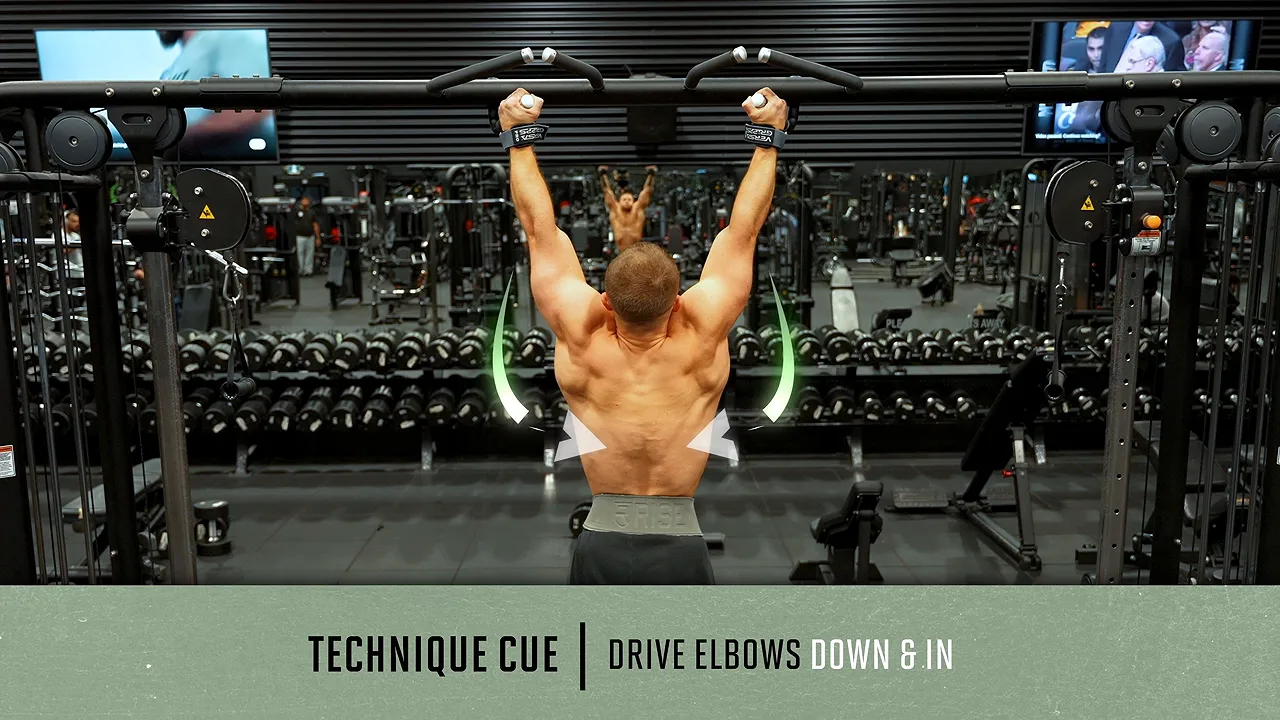 Rear pull-up demonstration with arrows showing the elbows moving down and inward