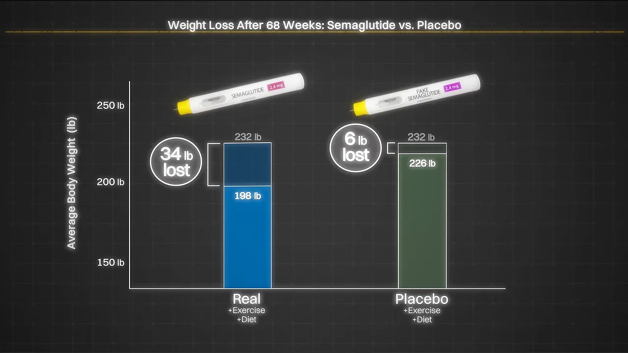 Chart comparing 34 pounds lost with semaglutide and 6 pounds lost with placebo over 68 weeks