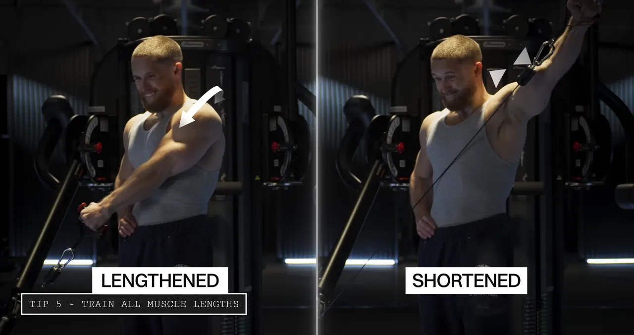 Two positions of a cross-body cable Y raise labeled lengthened and shortened