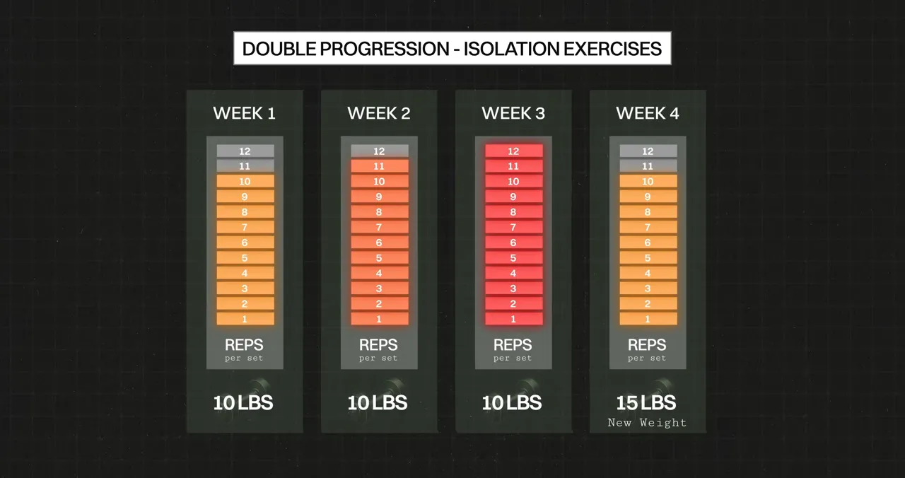Double progression graphic showing reps increasing at 10 pounds before increasing the load to 15 pounds