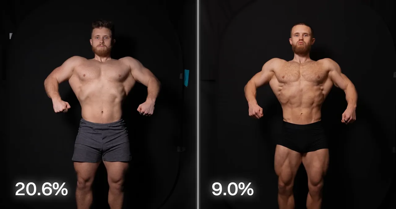 Side-by-side physique comparison labeled 20.6% body fat and 9.0% body fat