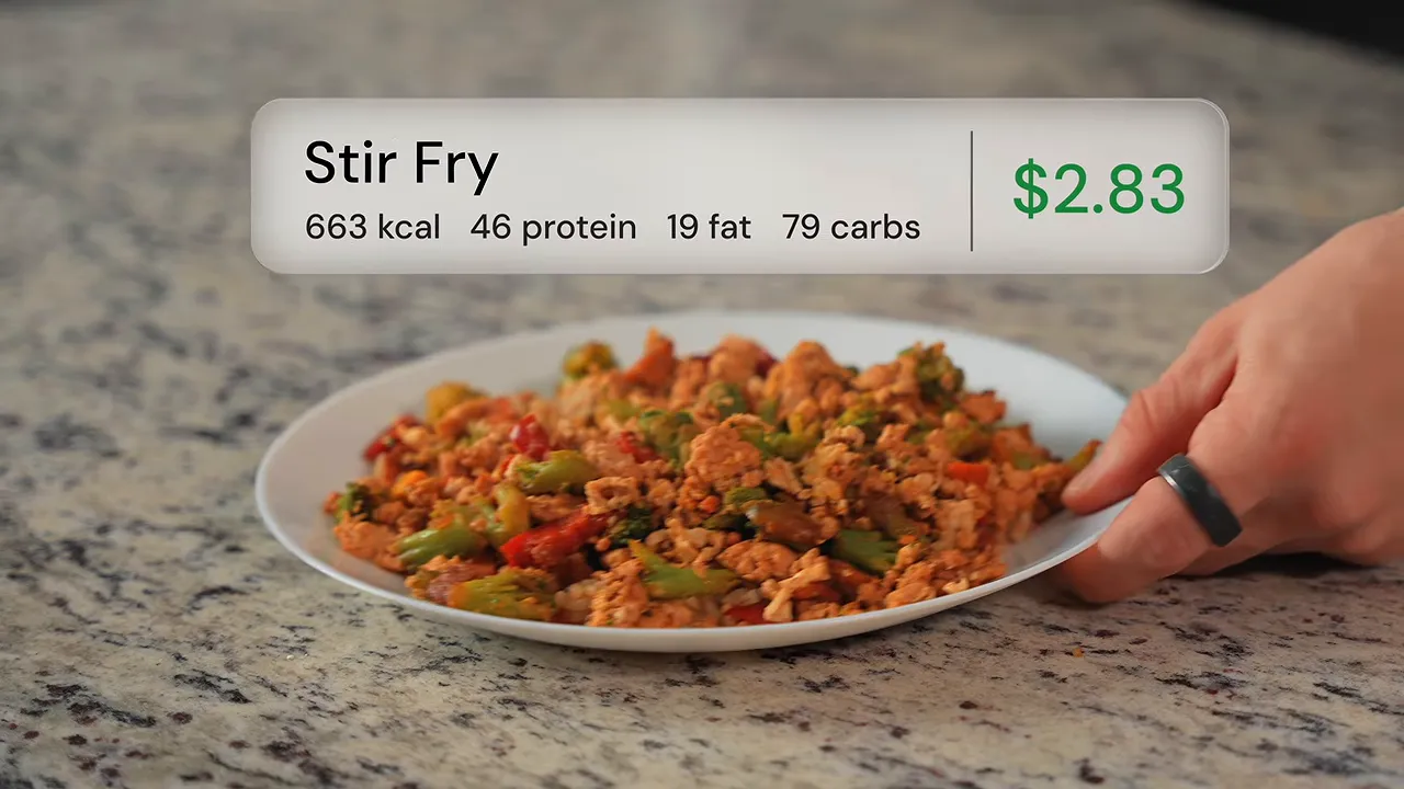 Turkey and vegetable stir-fry labeled with a $2.83 price and nutrition information