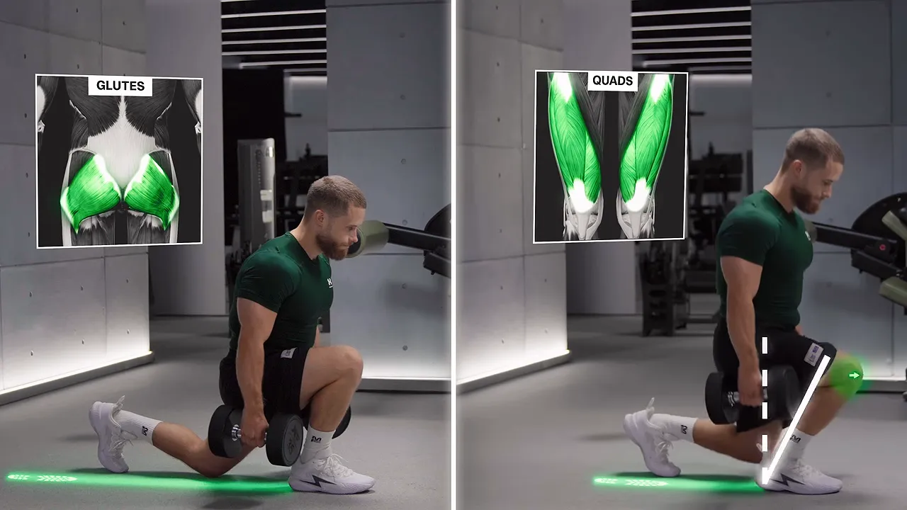Side-by-side lunge demonstrations with different stride lengths and highlighted glute and quad muscles