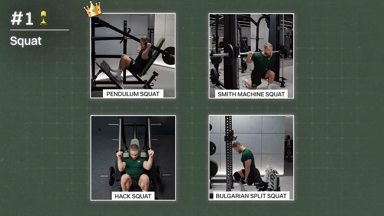 Four labeled demonstrations of pendulum squats, Smith machine squats, hack squats, and Bulgarian split squats
