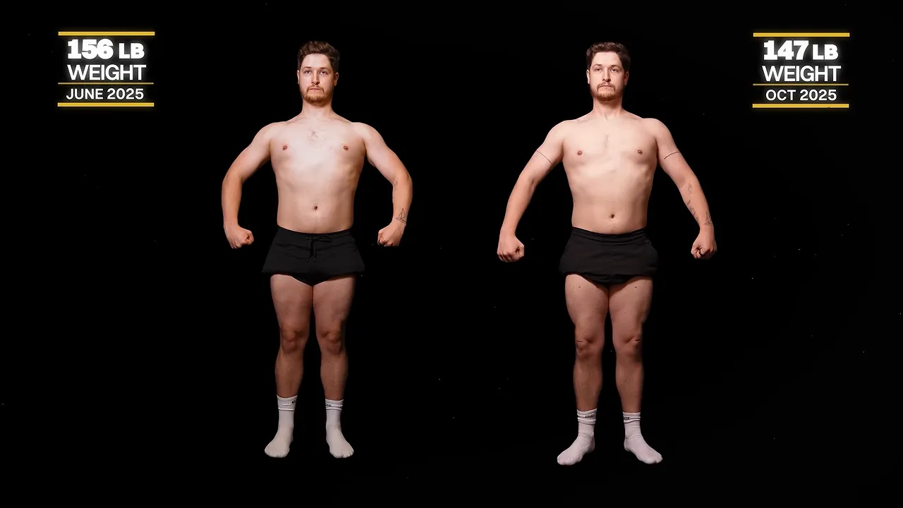 Side-by-side front physique comparison of Brad against a black background