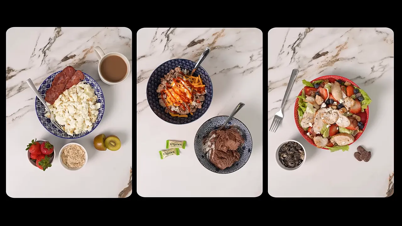 Three overhead meal photos arranged side by side