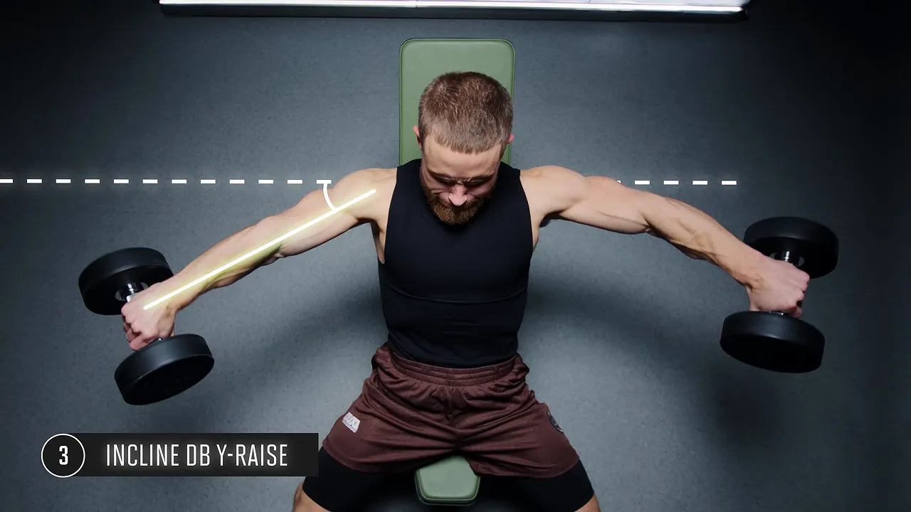 Overhead view of an incline dumbbell Y raise with a 30 degree forward arm angle marked
