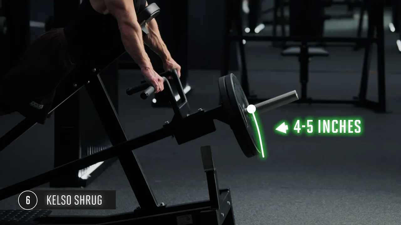 Close-up of straight arms on a chest-supported row machine with a four-to-five-inch movement label