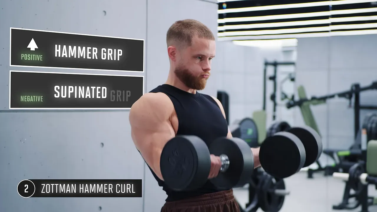 Dumbbell curl demonstration with labels showing hammer grip upward and supinated grip downward