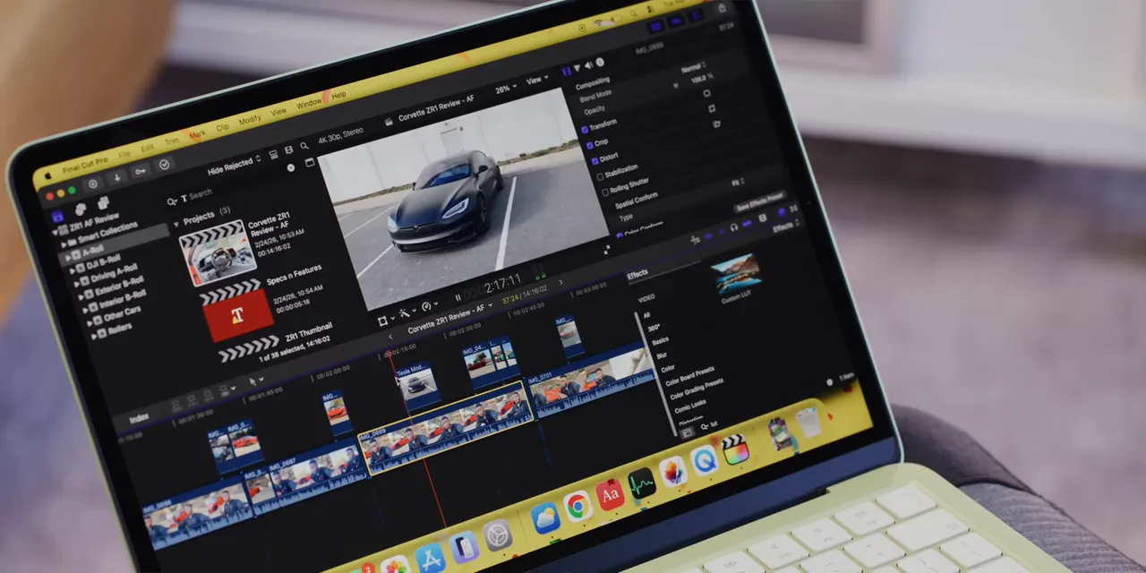 Final Cut Pro open on MacBook Neo with a car clip in the preview and video clips on the timeline