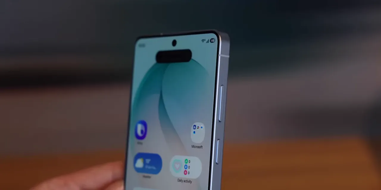 Angled Samsung phone with a dark notification area above a visible home screen