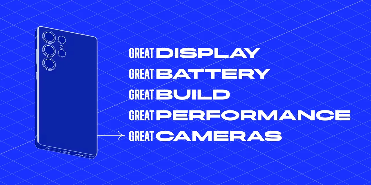 Graphic listing display, battery, build, performance, and cameras beside a phone illustration