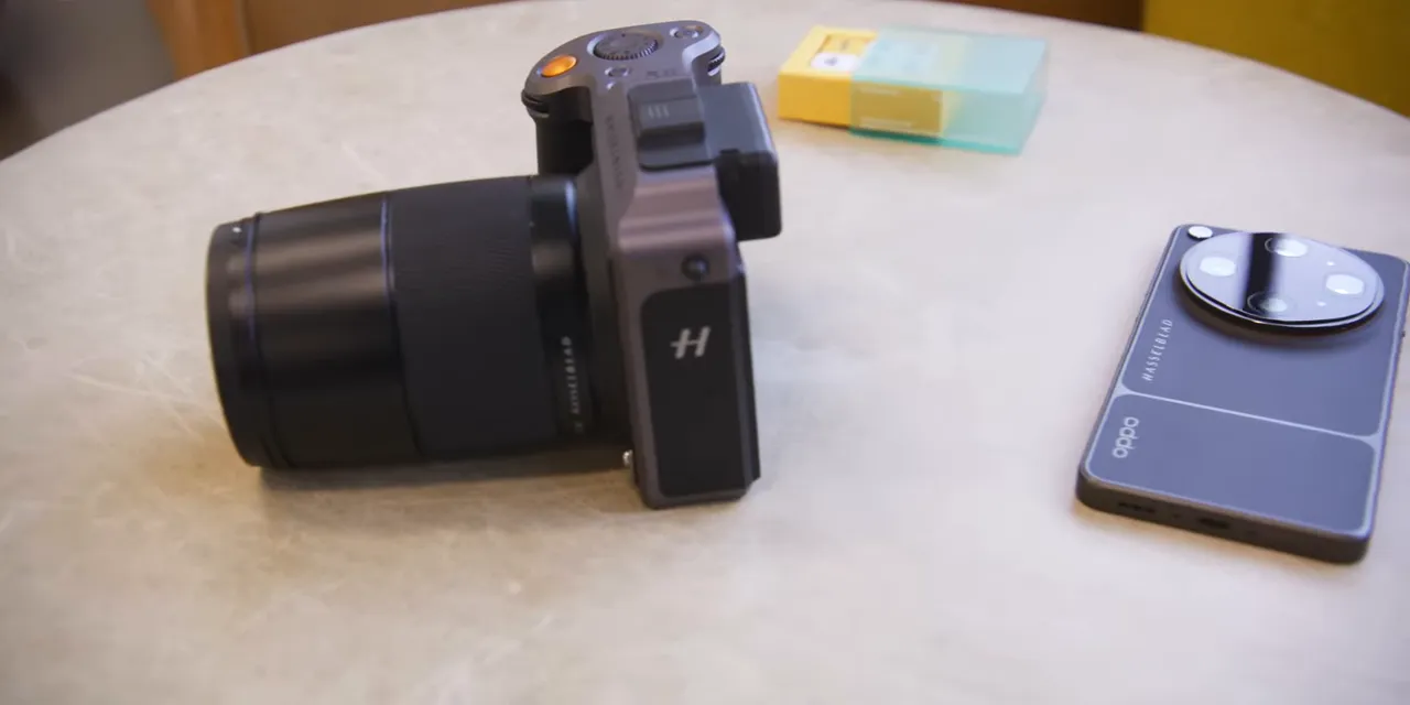 Hasselblad camera with a large lens beside an Oppo smartphone on a round table