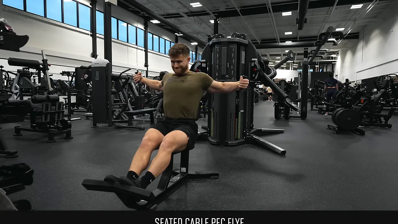 Side view of a seated cable fly with arms extended outward and back supported by a bench