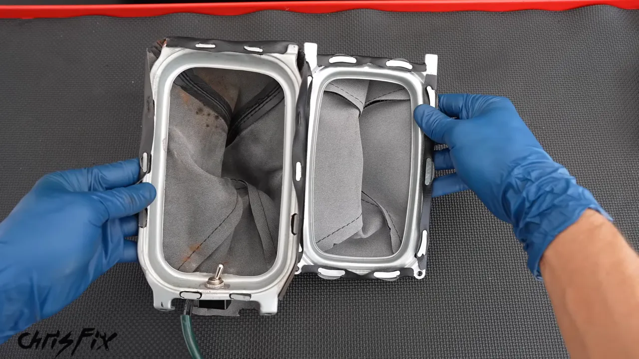 Two shift boot mounting frames held side by side with different shapes