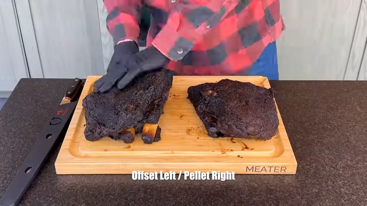 Two dark-barked beef rib racks side by side on a cutting board with Offset Left and Pellet Right text