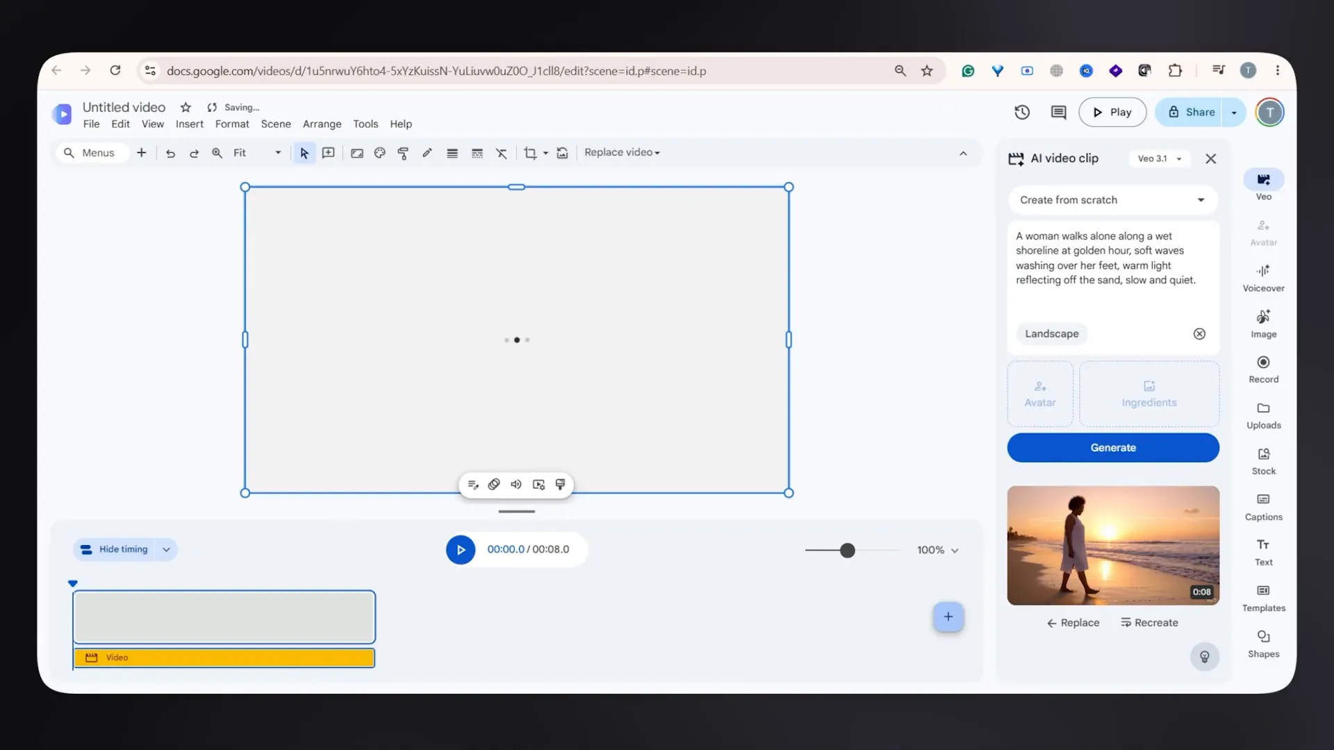 Google Vids interface showing a person walking on a beach at sunset