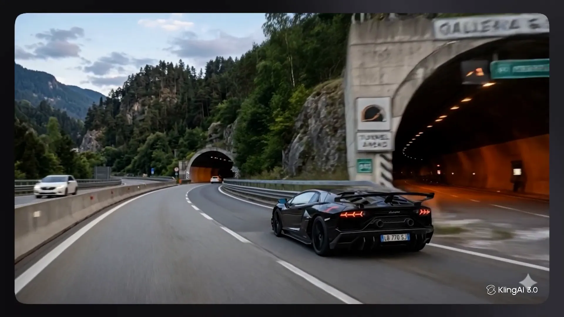 Black sports car driving toward a mountain tunnel on a road