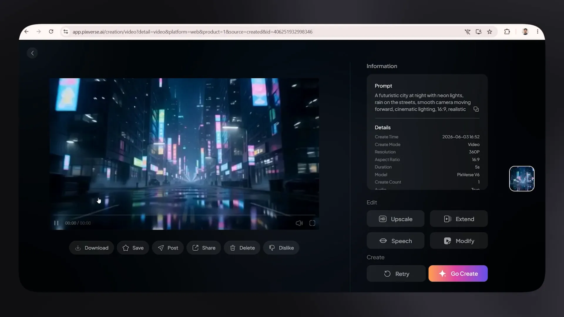 PixVerse interface showing a generated neon city video preview and prompt controls