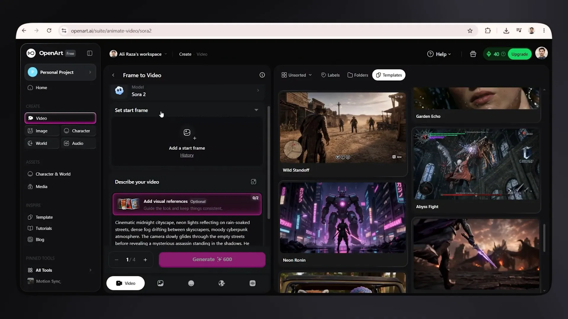 Sora generation interface with a vertical neon city video preview and prompt panel