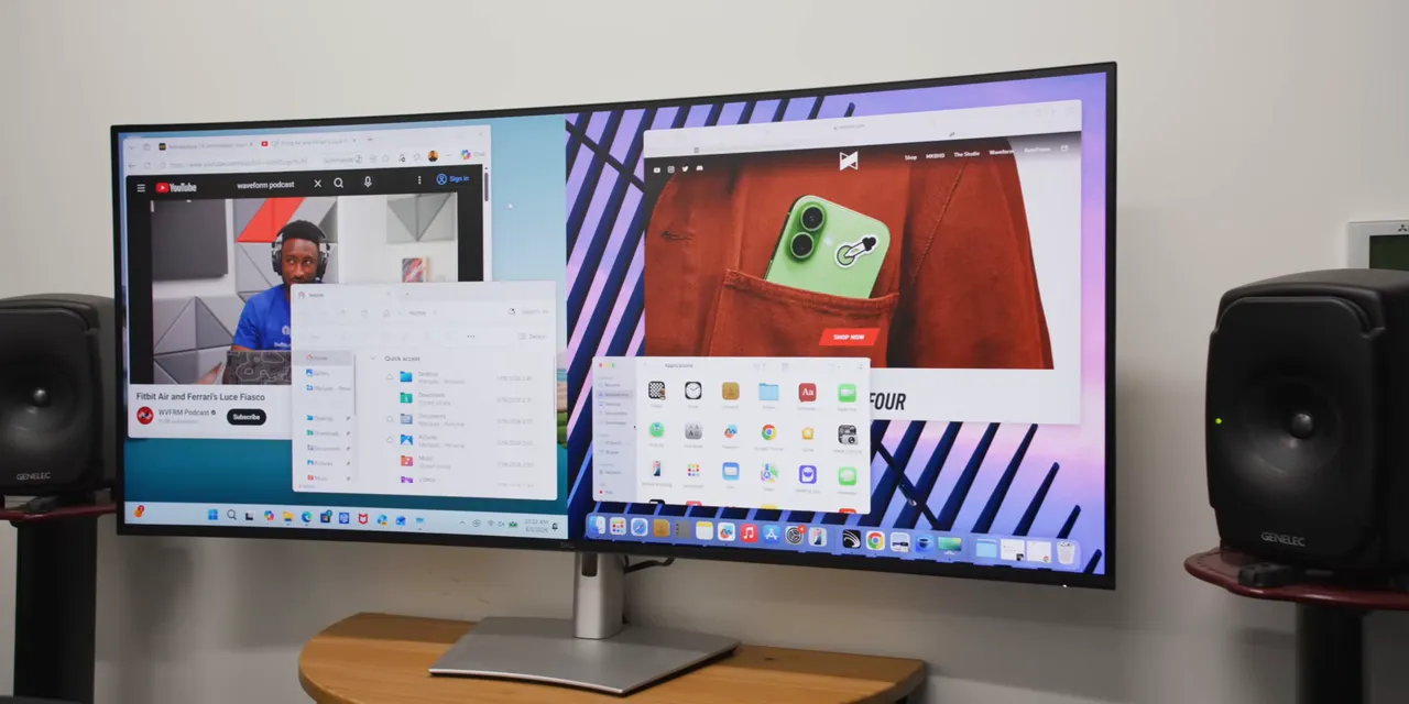 Dell ultrawide monitor showing Windows and macOS desktops side by side with several open windows