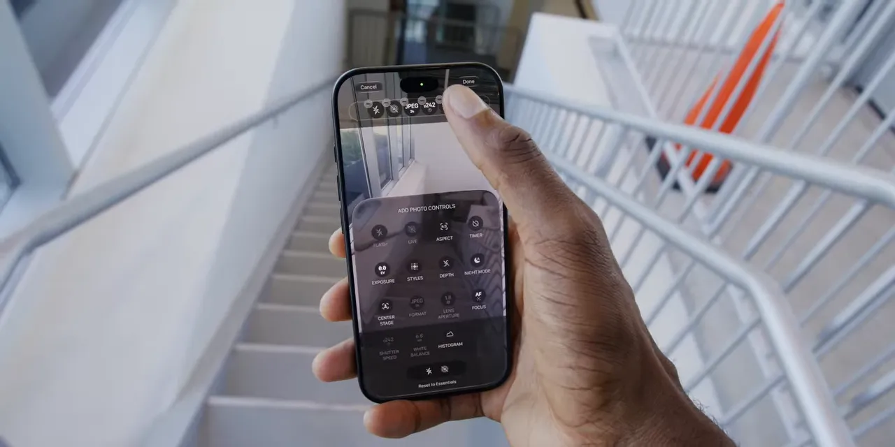 An iPhone camera app displaying an expanded grid of camera controls
