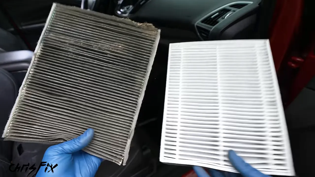 Dirty gray cabin air filter held beside a clean white replacement filter