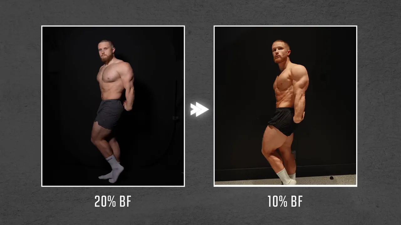 Side-by-side physique photographs of Jeff labeled 20% body fat and 10% body fat