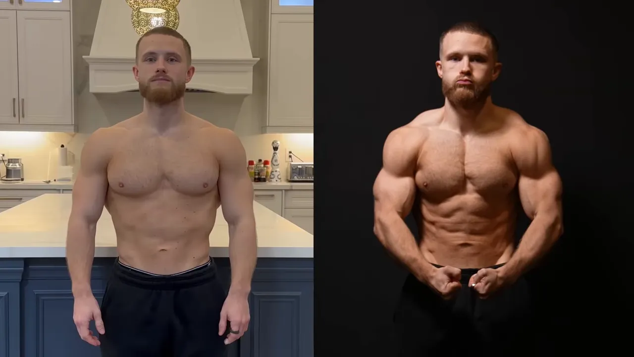 Side-by-side images of Jeff standing relaxed in a kitchen and flexing under a spotlight against a dark background