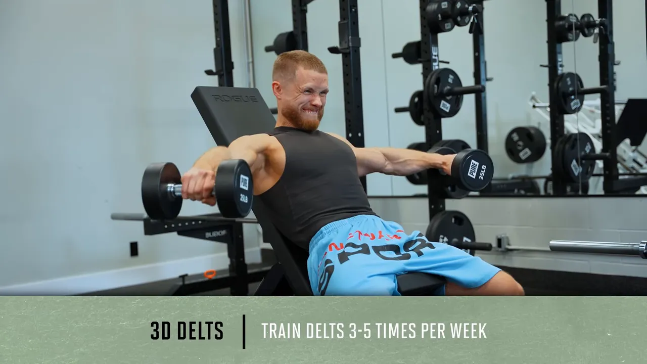 Jeff performing seated dumbbell lateral raises with text recommending delt training three to five times per week