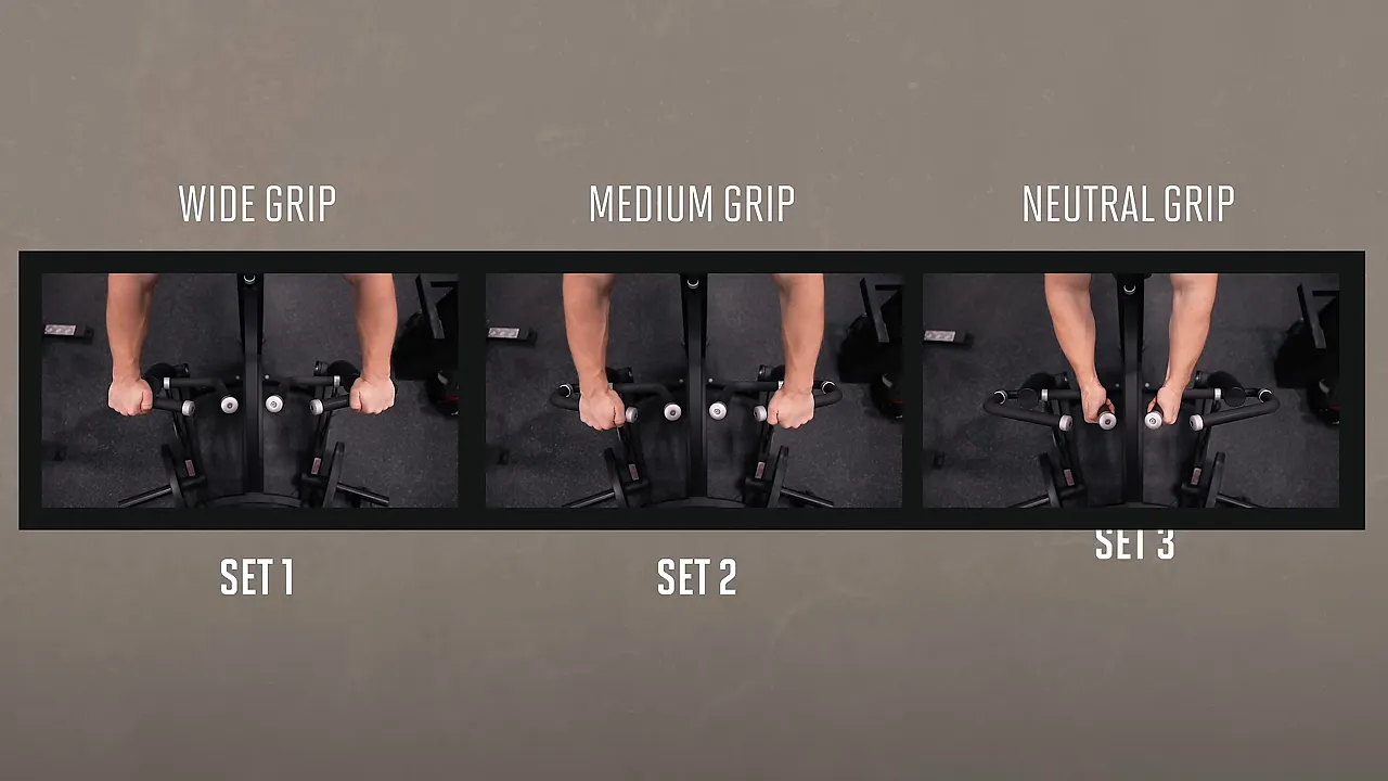Three side-by-side examples labeled wide grip, medium grip, and neutral grip for sets one through three