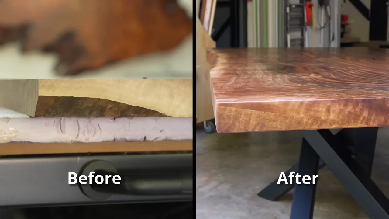 Side-by-side before and after images of a walnut tabletop corner repair