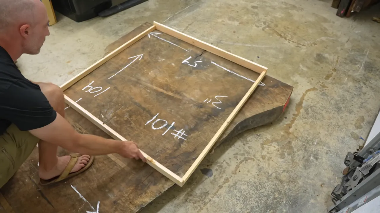 A wooden rectangular layout frame resting on a rough walnut slab