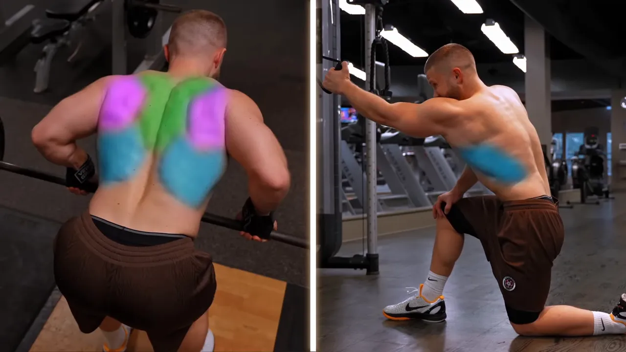 Side-by-side barbell row and half-kneeling cable pulldown with colored back muscle overlays