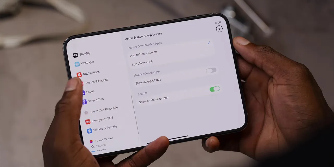 An unfolded phone displaying Settings with a sidebar on the left and options on the right