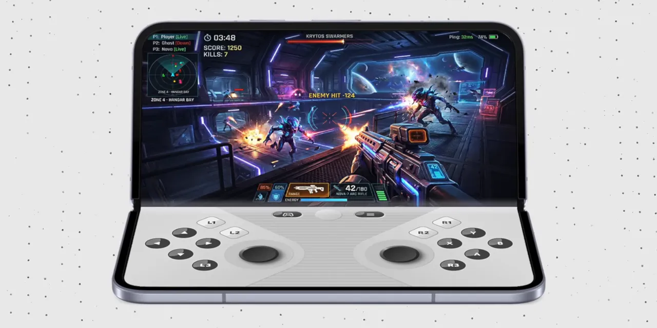 Foldable phone showing a game on its upper display and virtual gamepad controls below