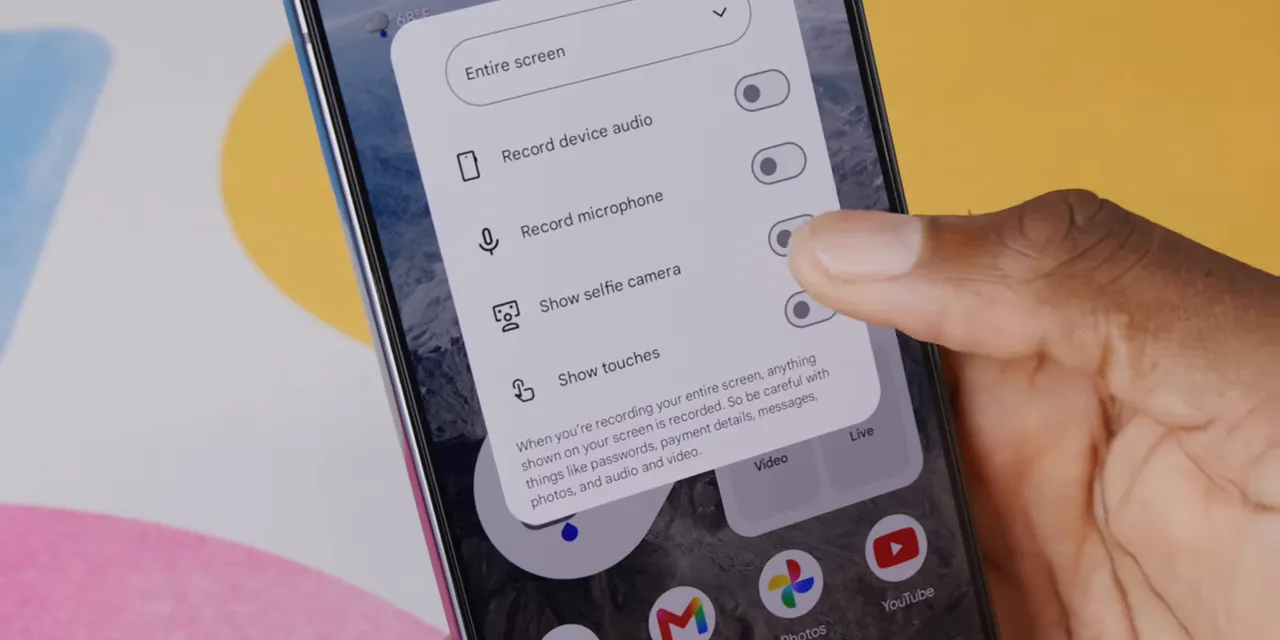 Pixel screen recording options with a Show selfie camera toggle