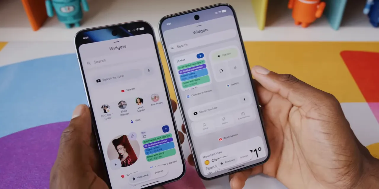 Two Pixel phones displaying widget pickers with different background treatments