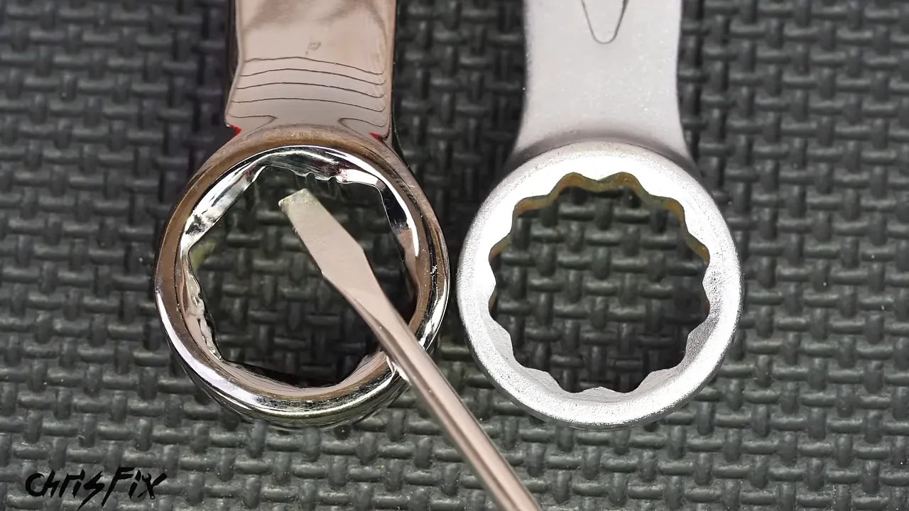 Close-up comparison of a six-point wrench box end and a twelve-point wrench box end