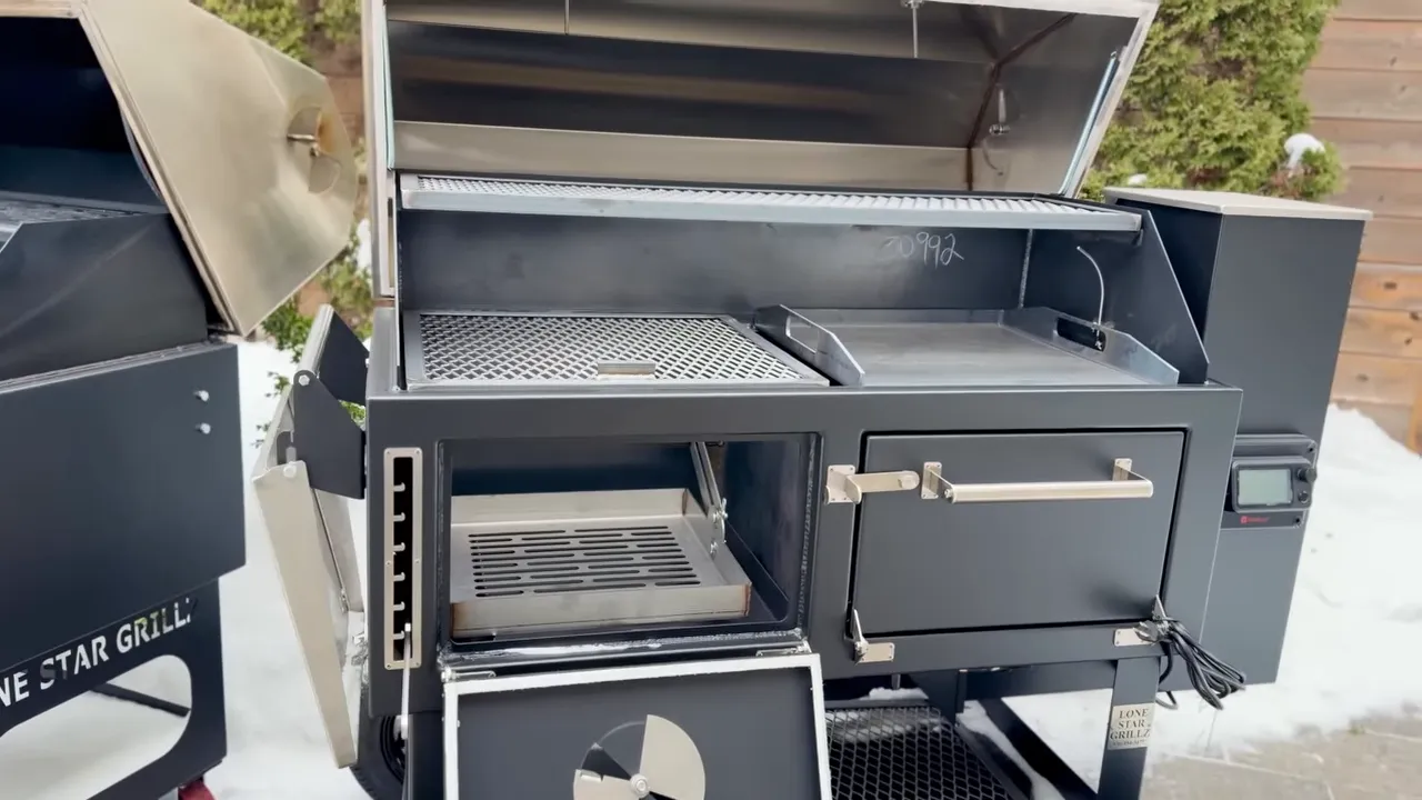 Two open Lone Star Grillz cookers showing their cooking grates and lower fireboxes