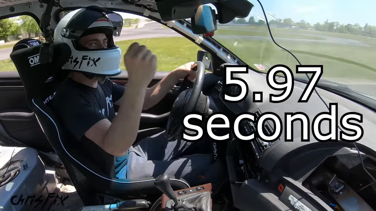 Helmeted driver in the stripped BMW with an on-screen 5.97-second acceleration result