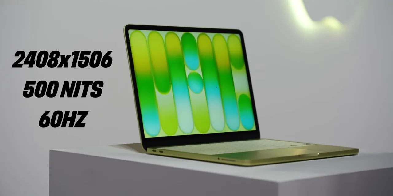 MacBook Neo on a pedestal beside text listing 2408 by 1506 resolution, 500 nits, and 60Hz