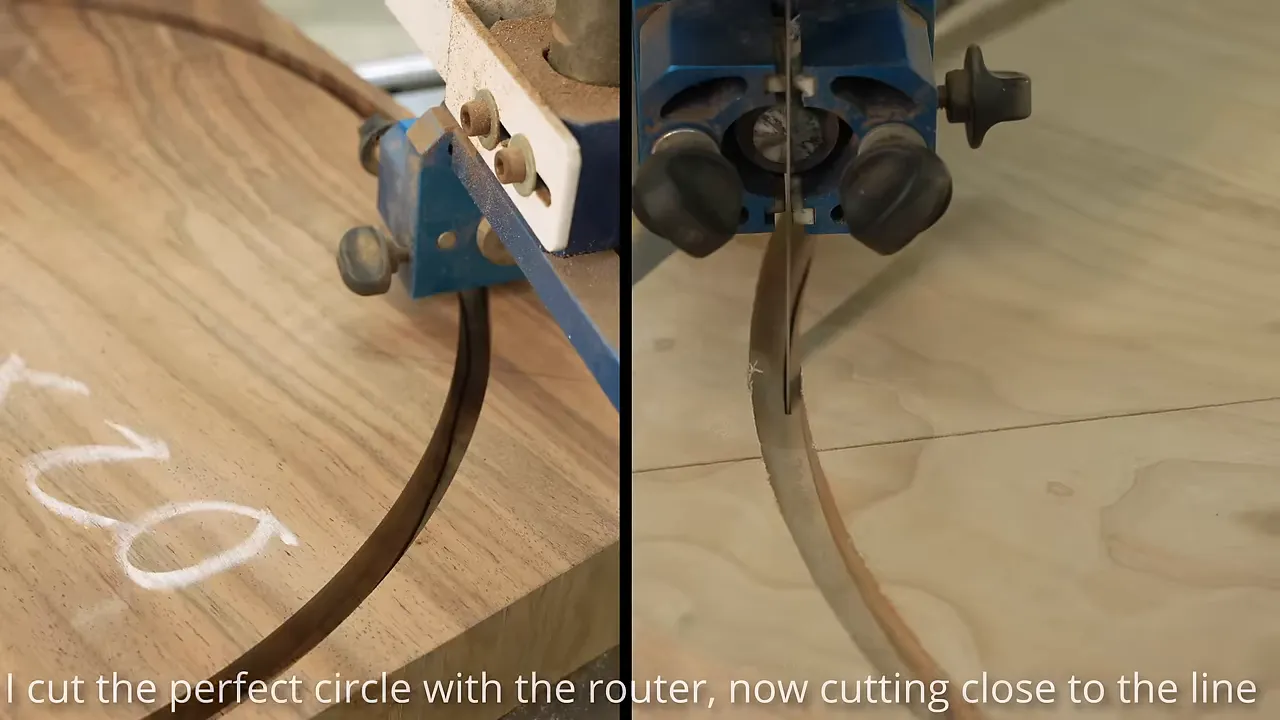 Side-by-side bandsaw cuts following circular grooves in walnut and maple blanks