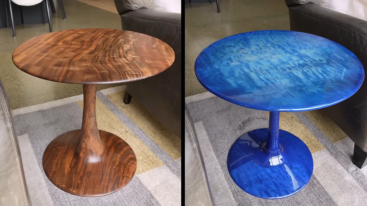 Finished walnut and blue maple pedestal end tables shown side by side beside upholstered chairs