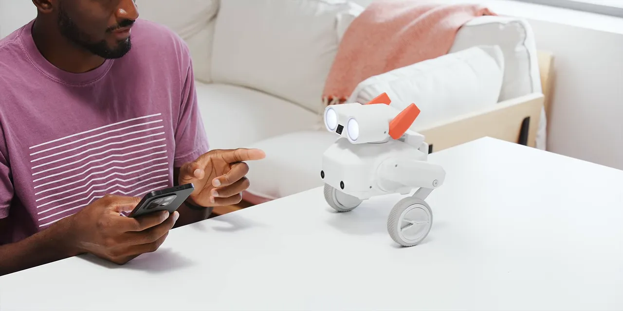 Beni robot upright on two wheels on a white tabletop