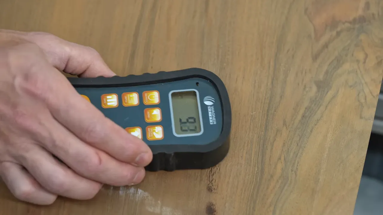 Close-up of a Wagner moisture meter held against a wood slab