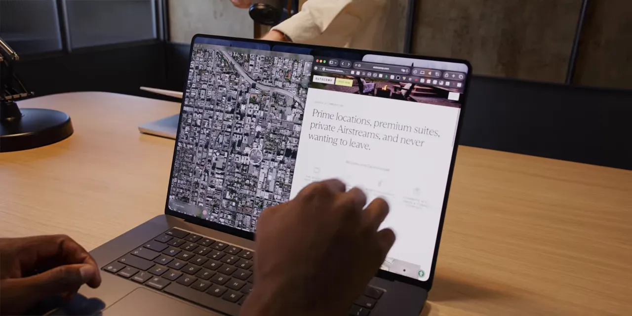 MacBook display with a detailed map on the left and a white browser window on the right