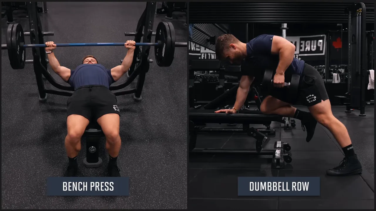 Side-by-side demonstrations labeled bench press and dumbbell row